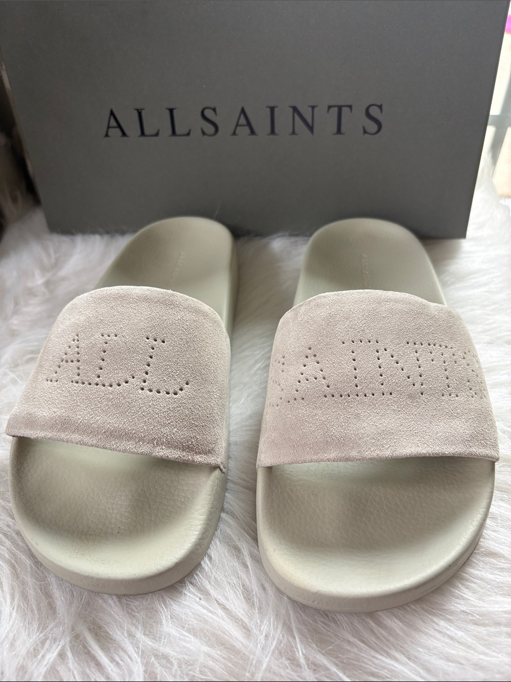 All Saints Women's Suede Slide Sandals in Pale Beige